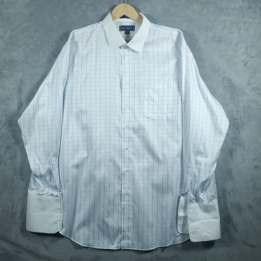 Paul Fredrick Mens 2XL Banker Dress Shirt Blue Stripes French Cuff 18.5 x 37